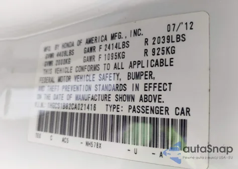 2012 Honda Accord 2.4 Ex-L из США, поврежденный, VIN 1HGCS1B82CA021416